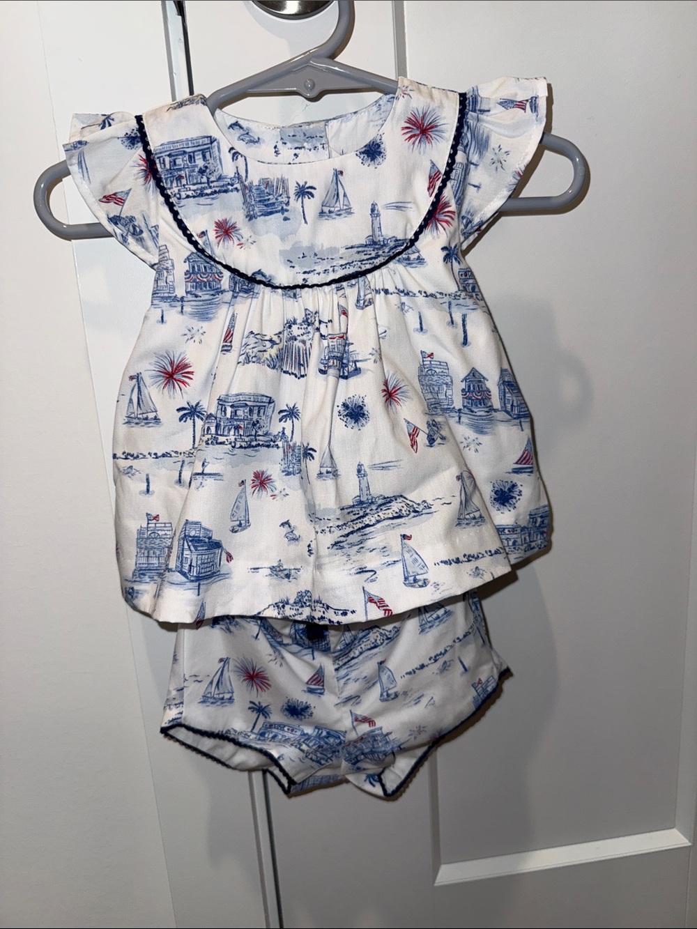 Janie and Jack White Nautical Print Top & Bloomers - Blue & Red